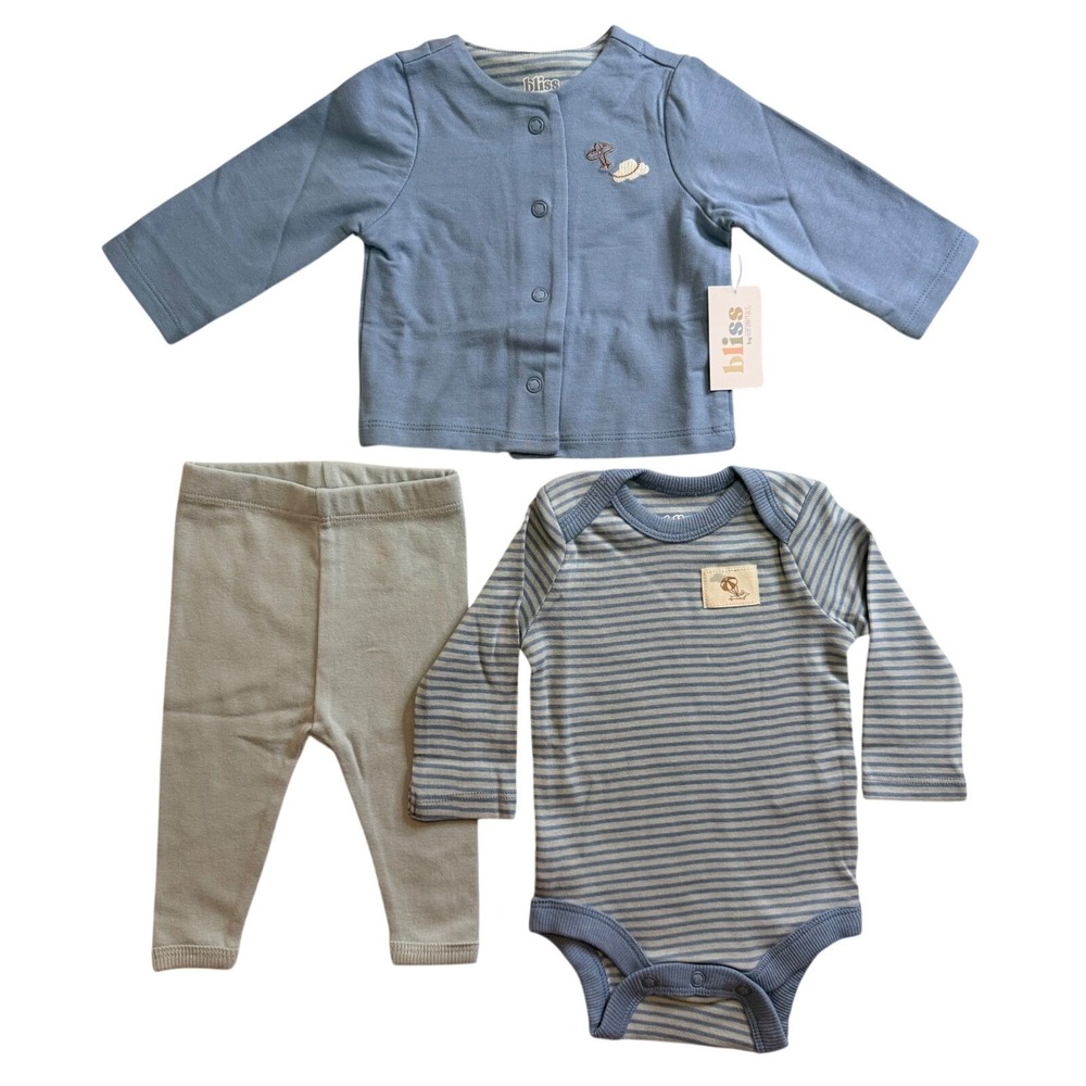 Bliss by Garanimals Baby Boys 3-Piece Outfit Set Blue Grey Stripe 6-9M NEW